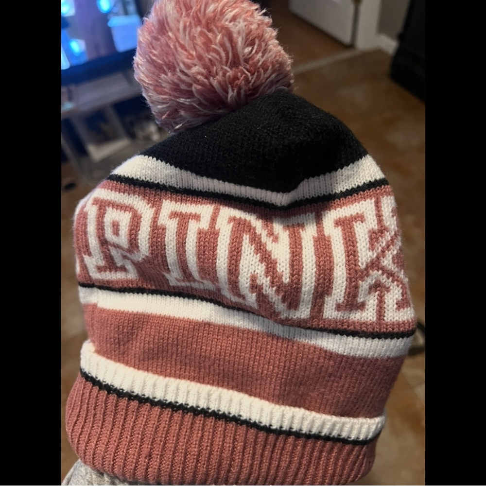 PINK Victoria's Secret Pink and Black Pom-Pom Beanie